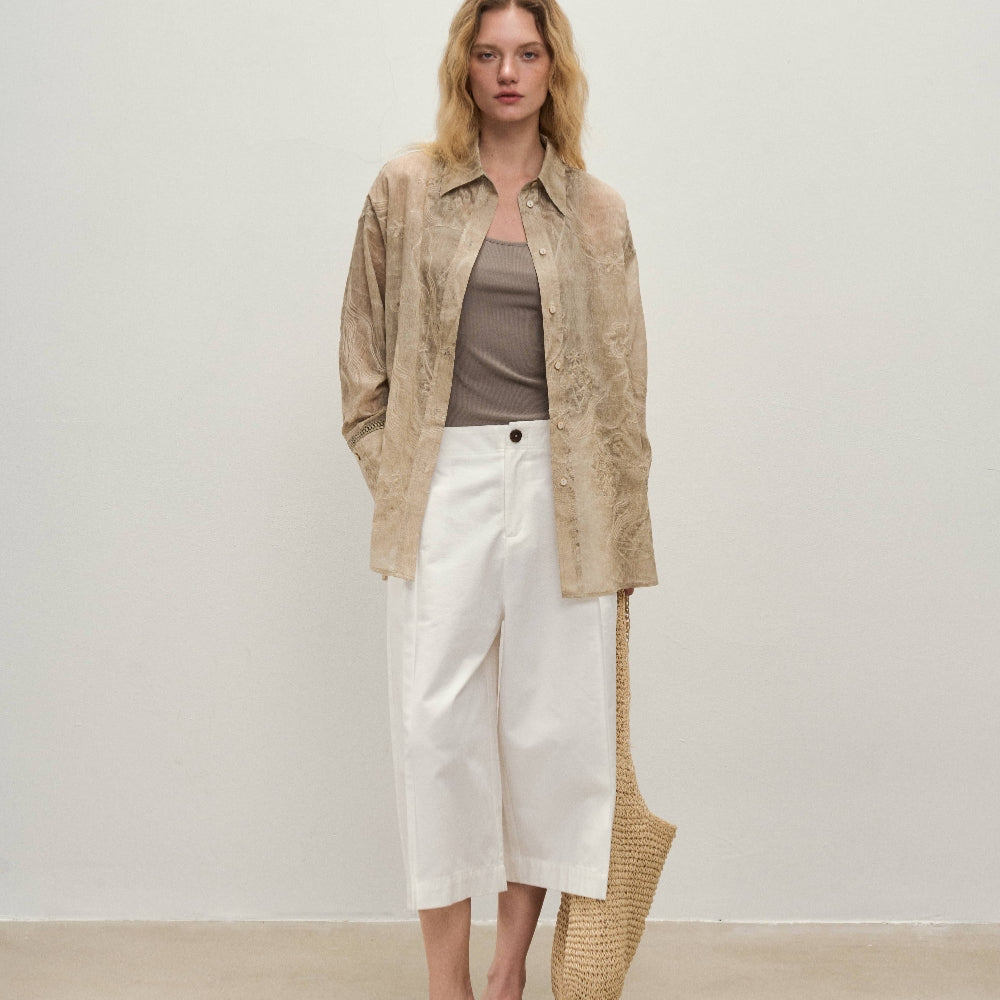 Dpercent｜Tencel linen lapel design sun-proof sand-colored embroidered thin long-sleeved shirt