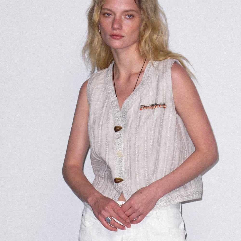 Dpercent丨Natural linen jacquard texture v-neck vest sleeveless top