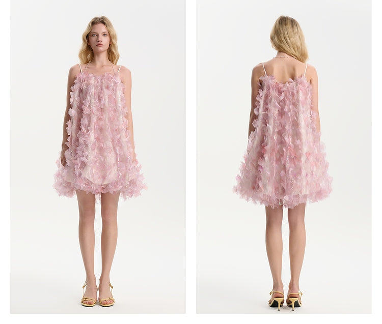 Three Quarters 3D Cut Flower Strap French Dress
