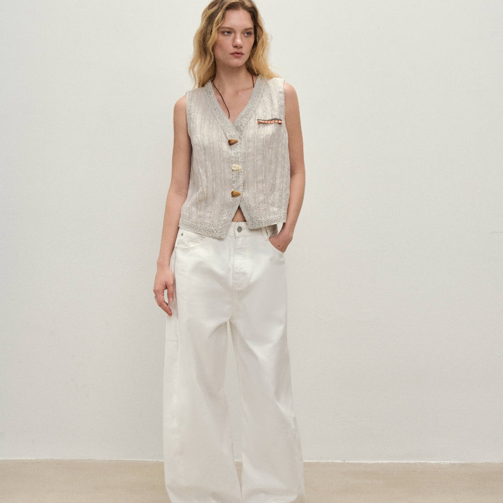Dpercent丨Natural linen jacquard texture v-neck vest sleeveless top
