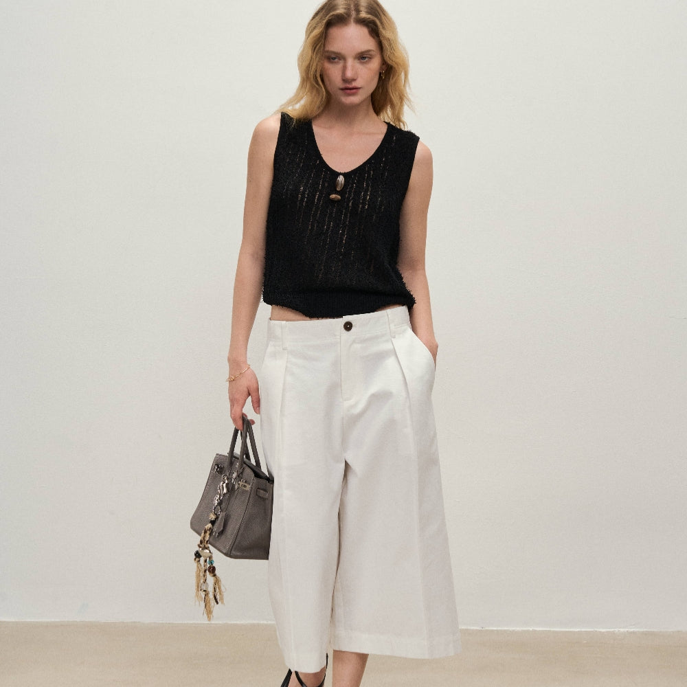 Dpercent丨Imported PIMA cotton pleated waist-style white loose-fitting cropped shorts