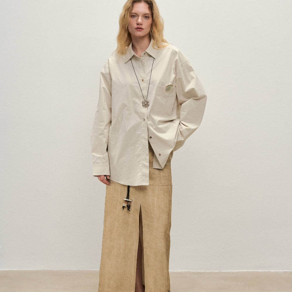 Dpercent丨Button loose shirt apricot gray small lapel jacket top