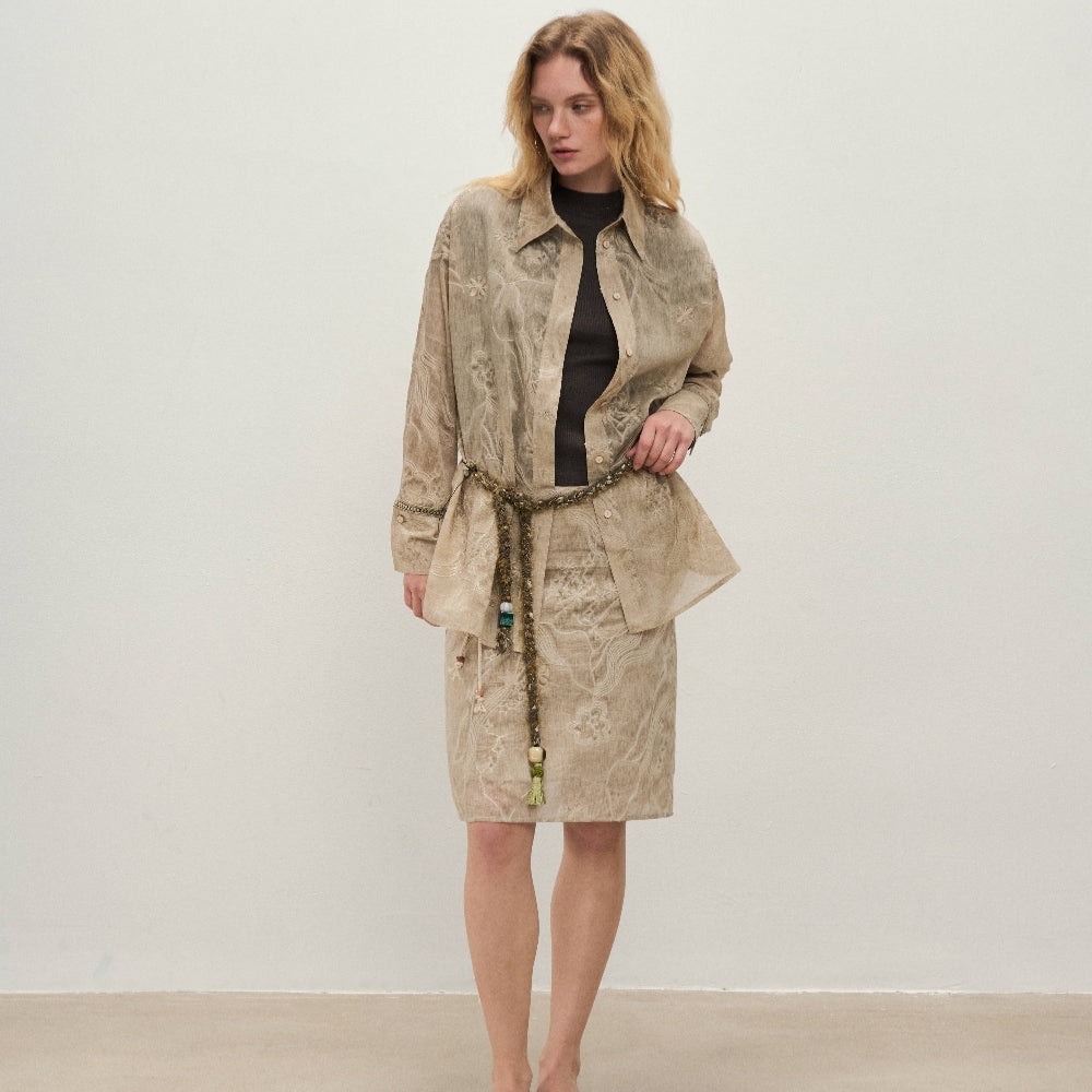 Dpercent｜Tencel linen lapel design sun-proof sand-colored embroidered thin long-sleeved shirt