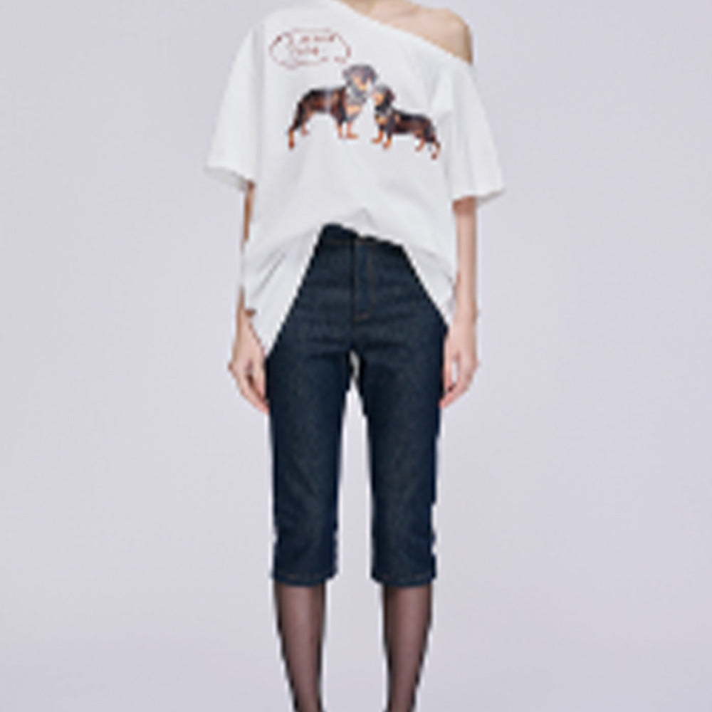 MARKGONG Dog Print Off-Shoulder Tee