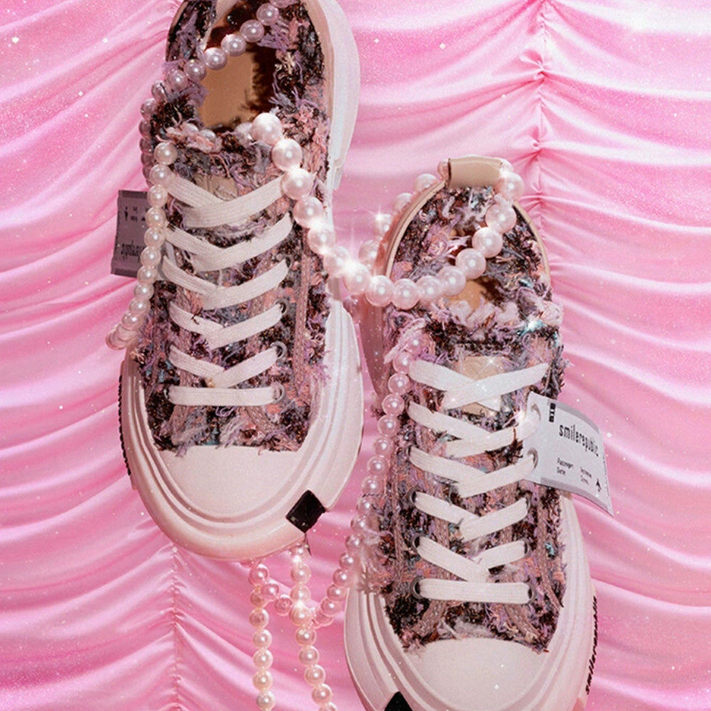 SMILEREPULIC 70s 'Floral' Tweed Fabric Platform Low-Top Shoes