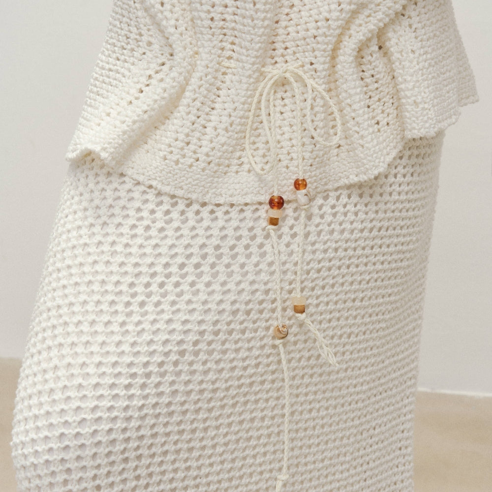 Dpercent丨Long-staple cotton blended yarn knitted hollow cardigan suit