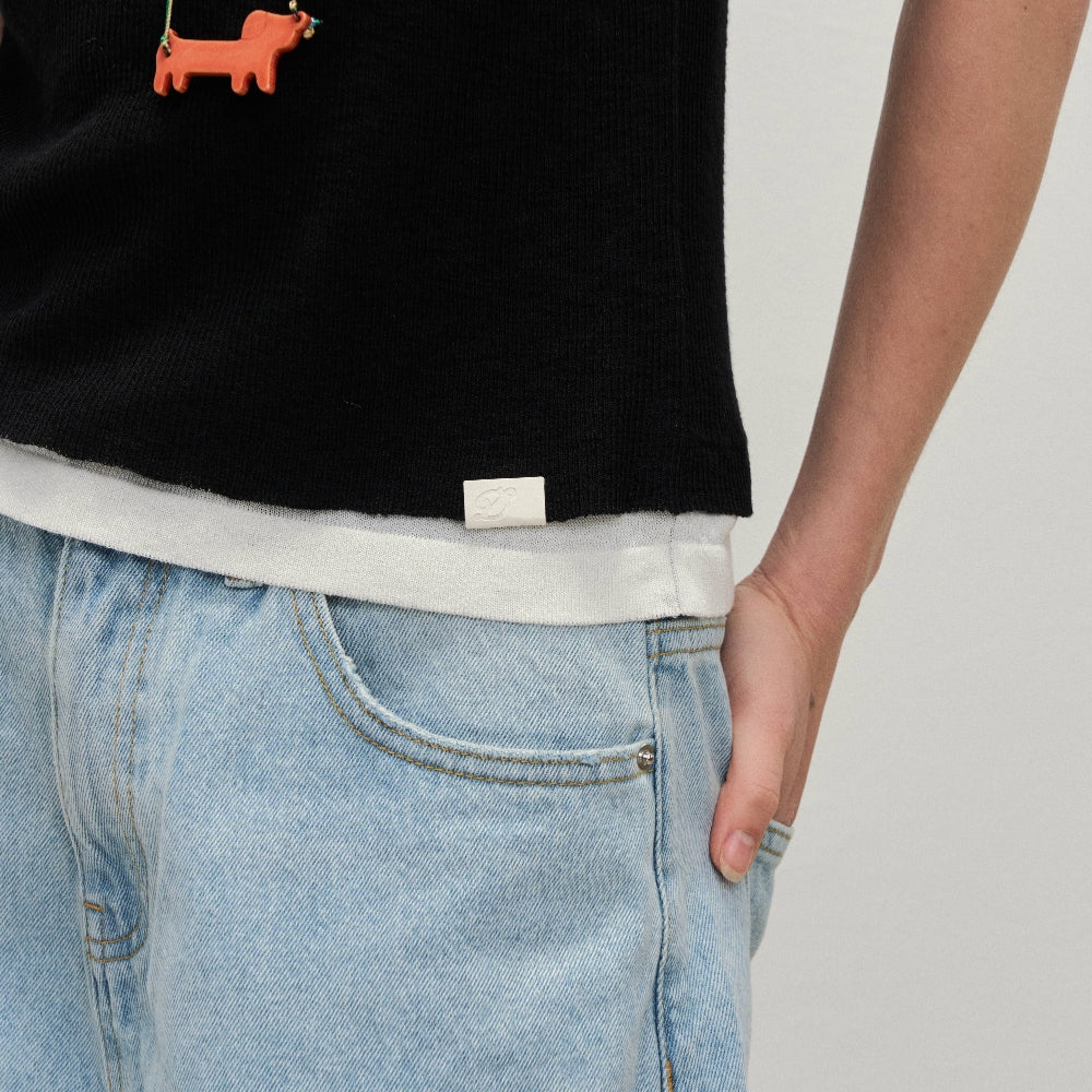 Dpercent丨U-neck contrast color wide shoulder fake two-piece layered woven vest