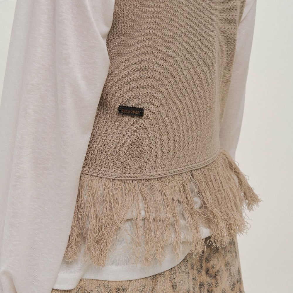 Dpercent丨Natural wooden horn button tassel vest beige sleeveless top