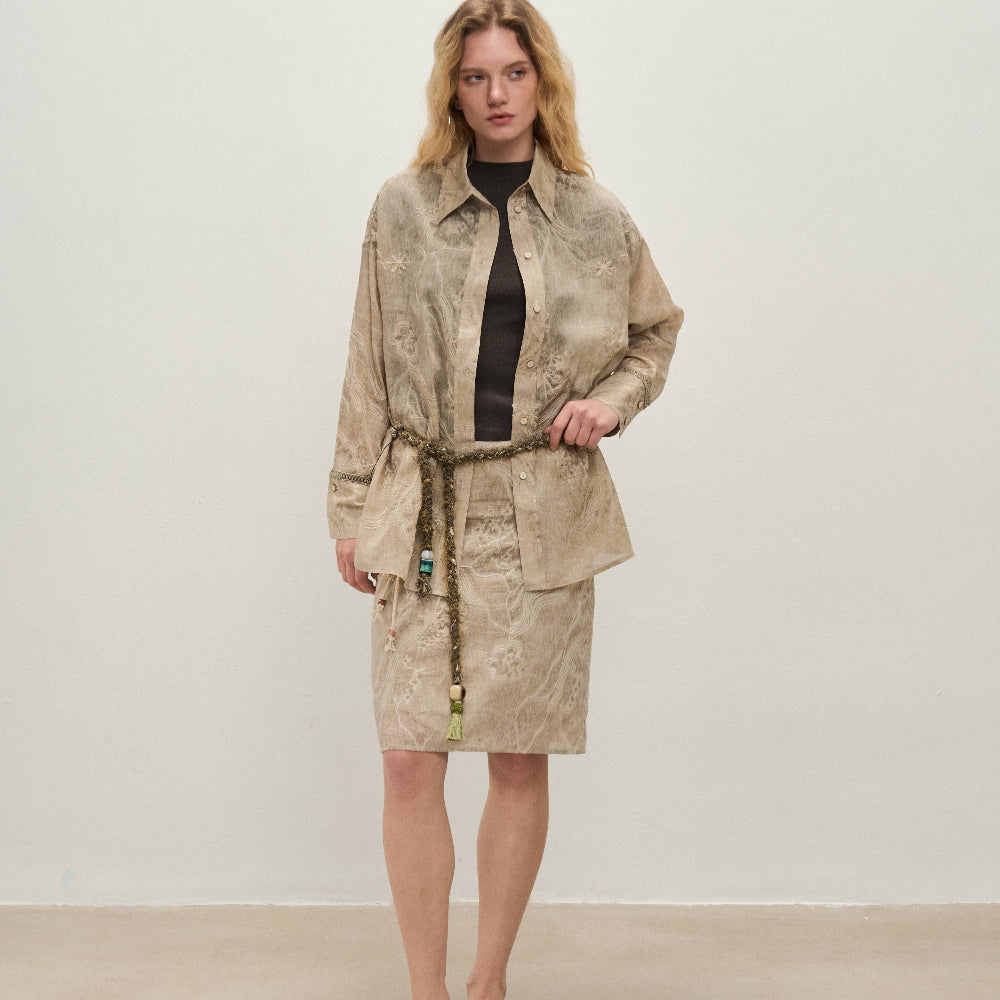 Dpercent｜Tencel linen lapel design sun-proof sand-colored embroidered thin long-sleeved shirt
