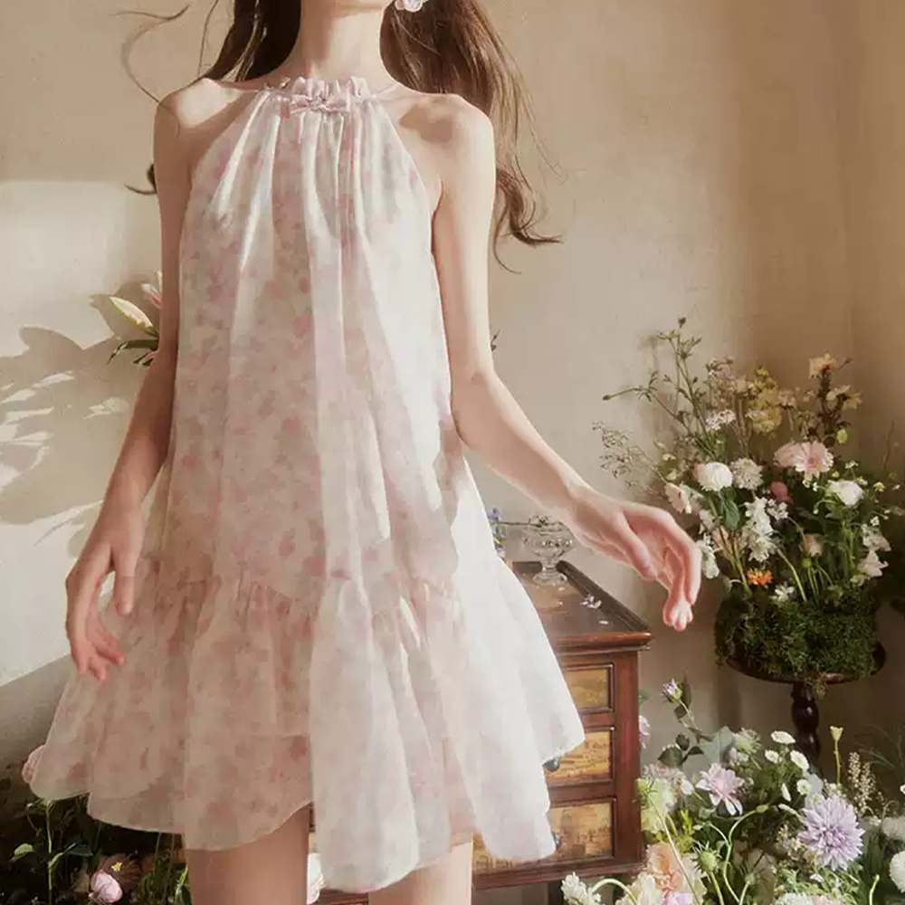 Three Quarters Pink French Floral Slip Dress