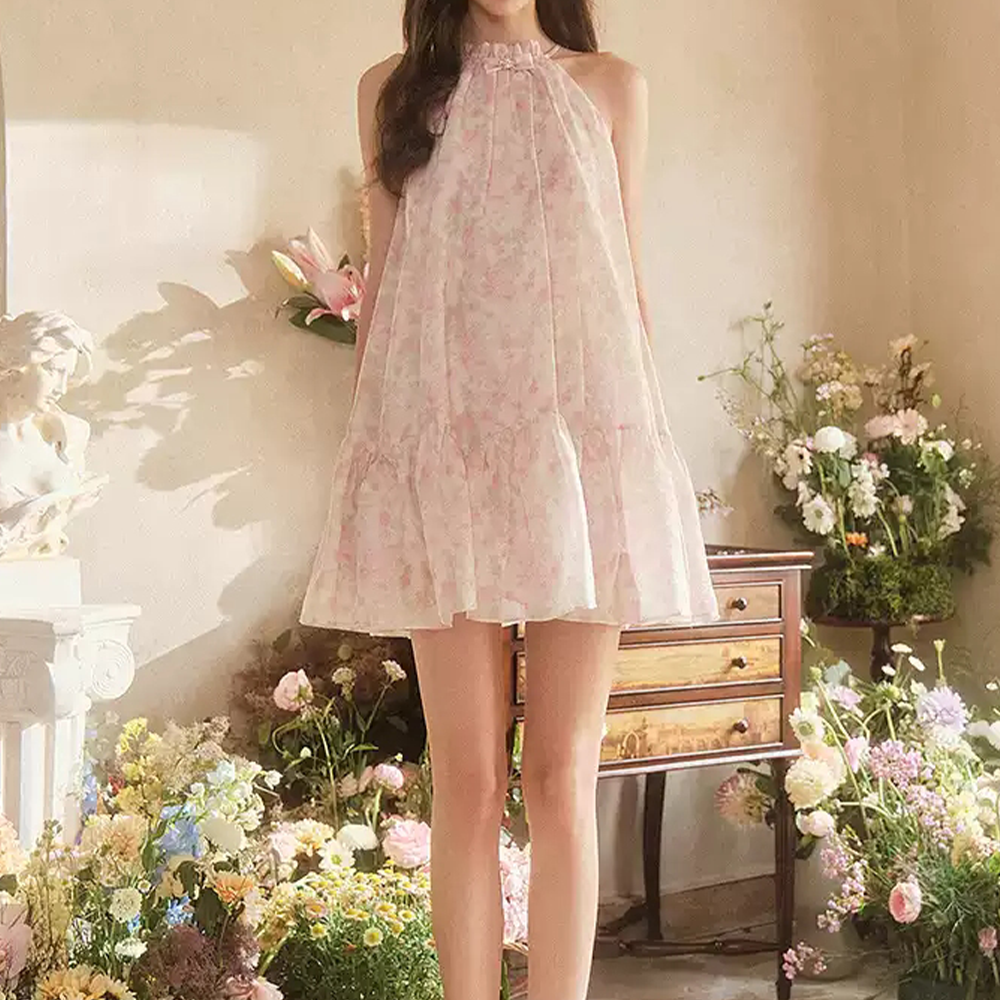 Three Quarters Pink French Floral Slip Dress