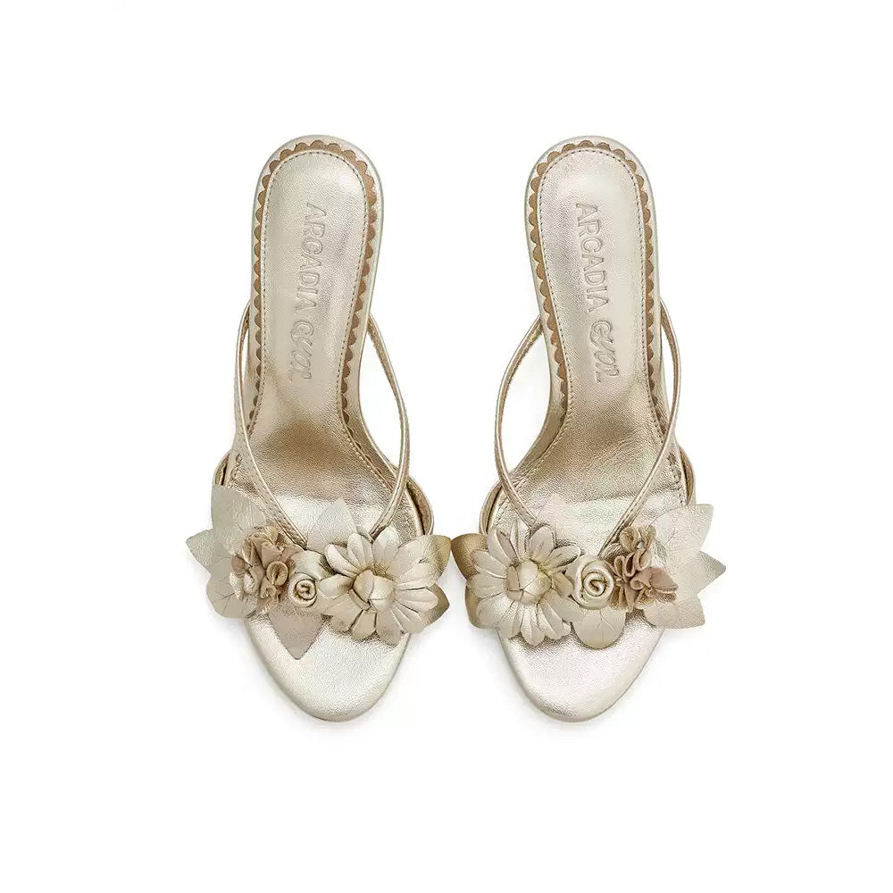 ARCADIAGYAL Gold Flower Heels
