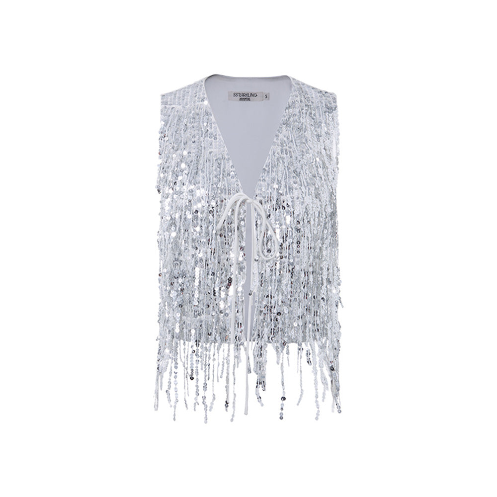 SSPARKLING Super Flash Heavy Tassel Sequined Vest Jacket for Women