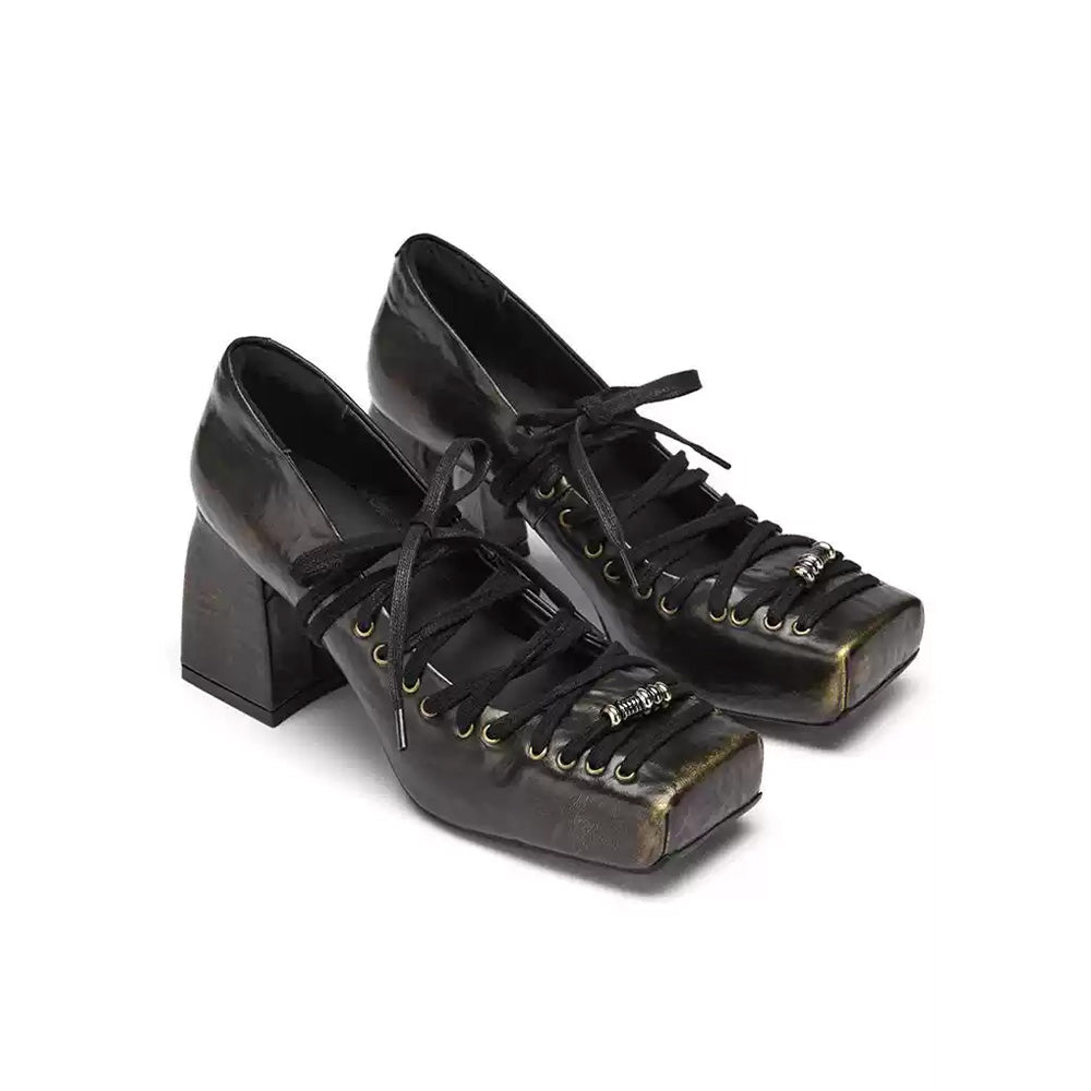 ARCADIAGYAL Chunky Square-Toe Pumps