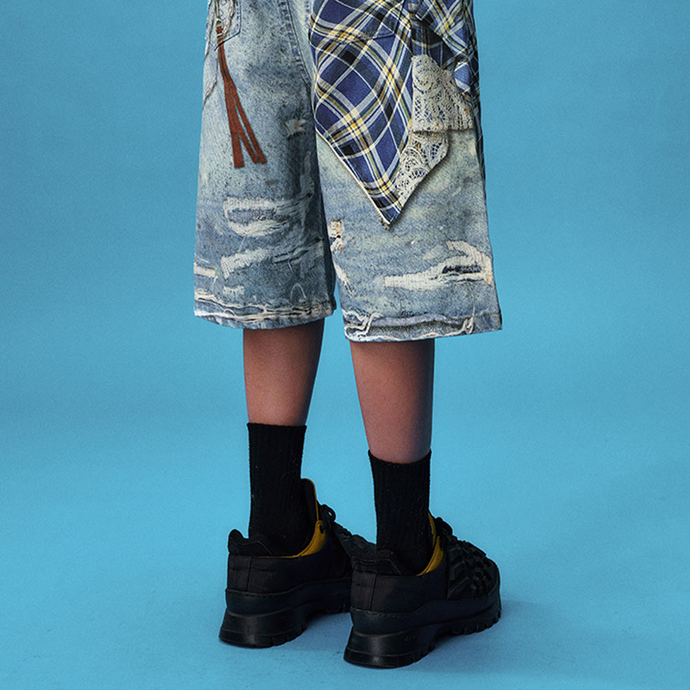 YADcrew Plaid Denim Shorts