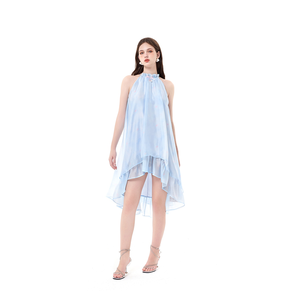 Three Quarters Blue Ocean Print Shell Bow Dress