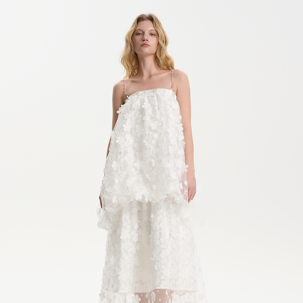Three Quarters White 3D Cut Flower Strapless Dress