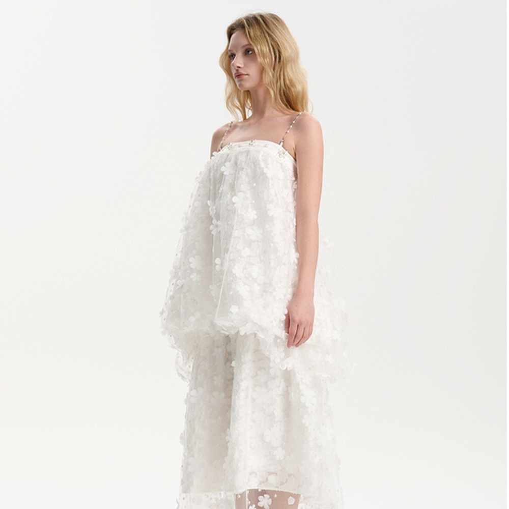 Three Quarters White 3D Cut Flower Strapless Dress