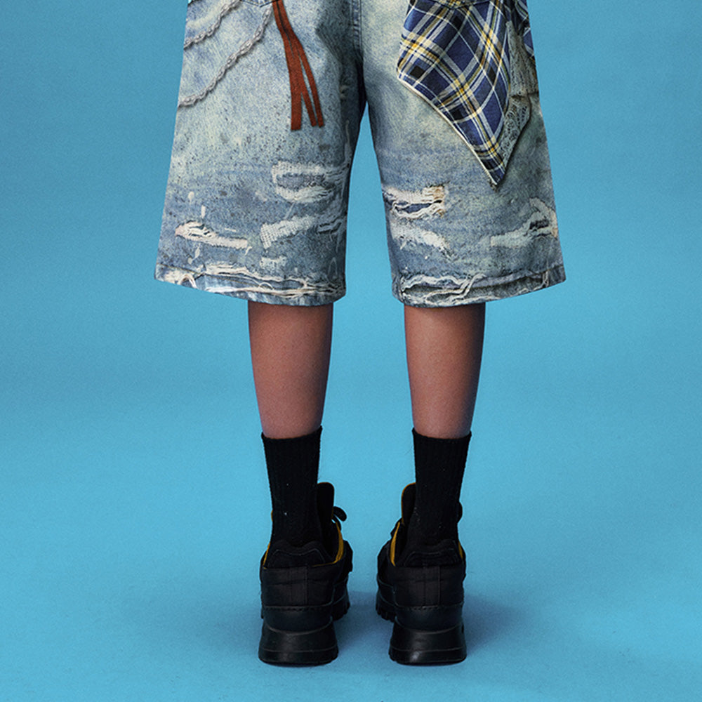 YADcrew Plaid Denim Shorts