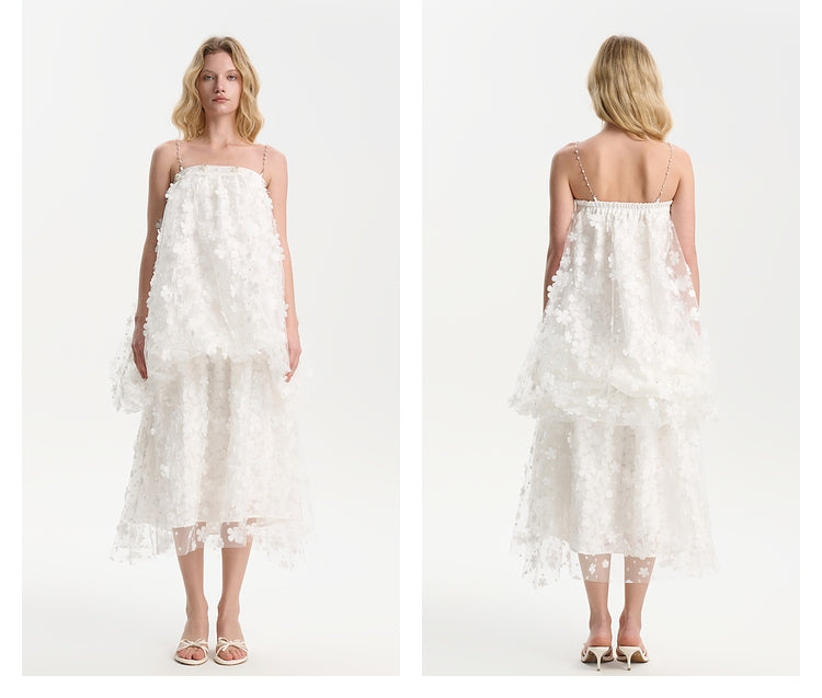 Three Quarters White 3D Cut Flower Strapless Dress