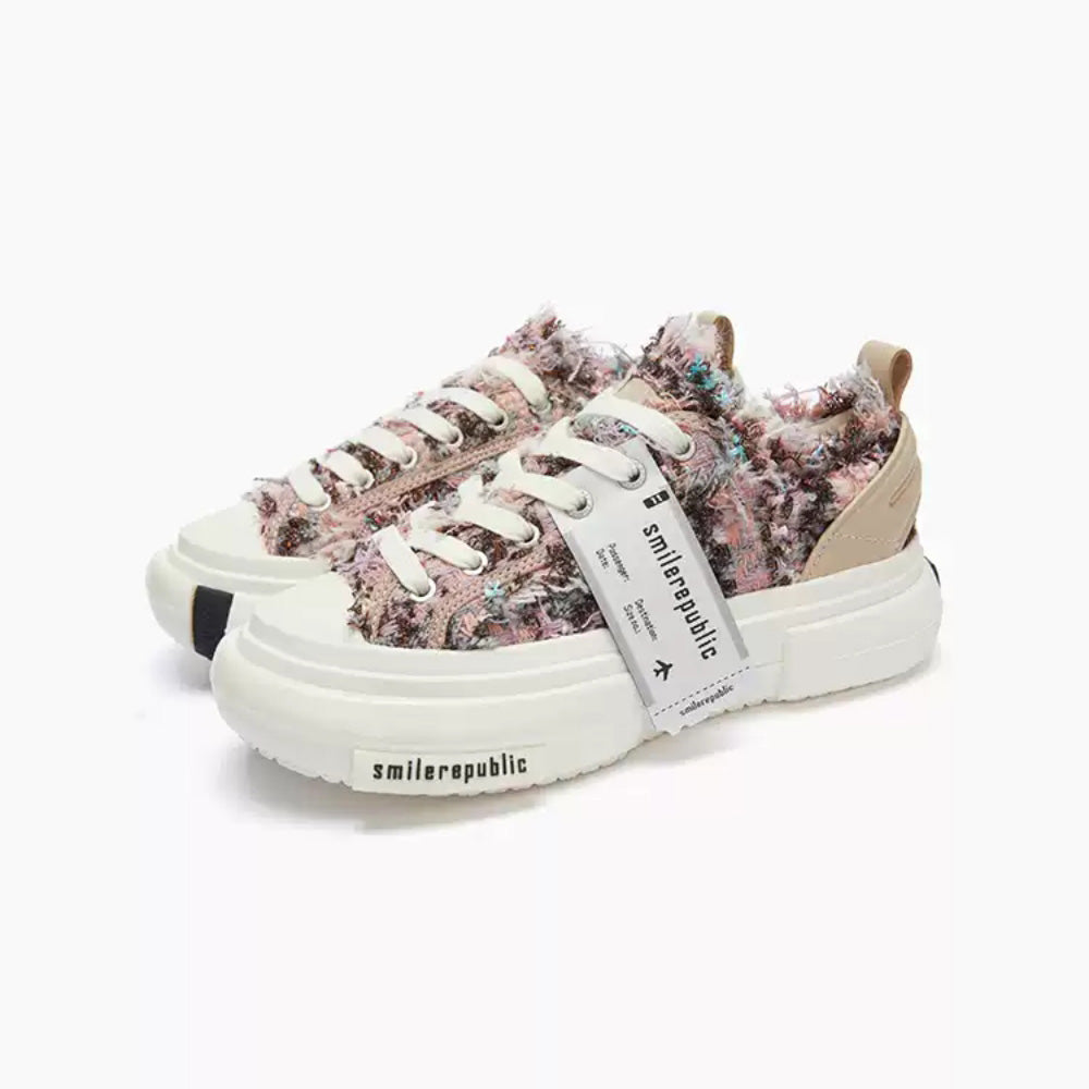 SMILEREPULIC 70s 'Floral' Tweed Fabric Platform Low-Top Shoes