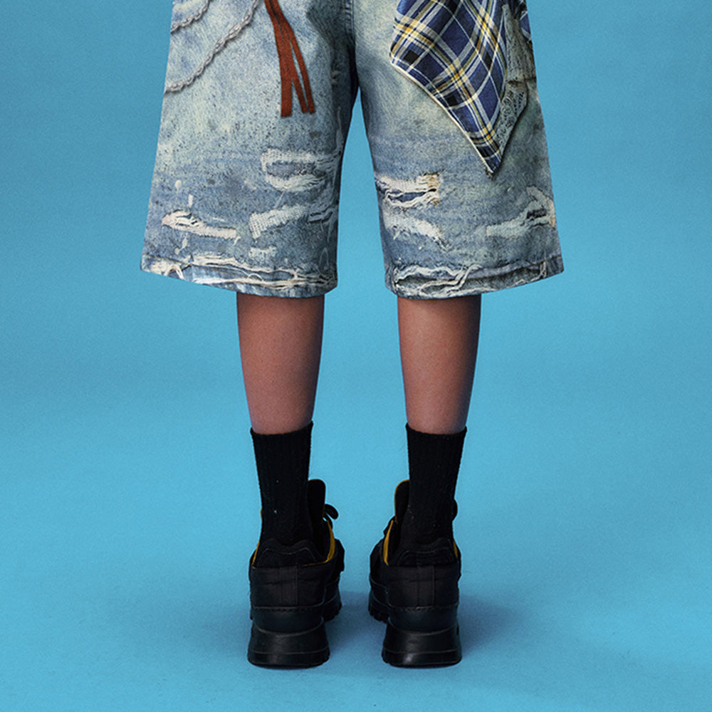 YADcrew Plaid Denim Shorts