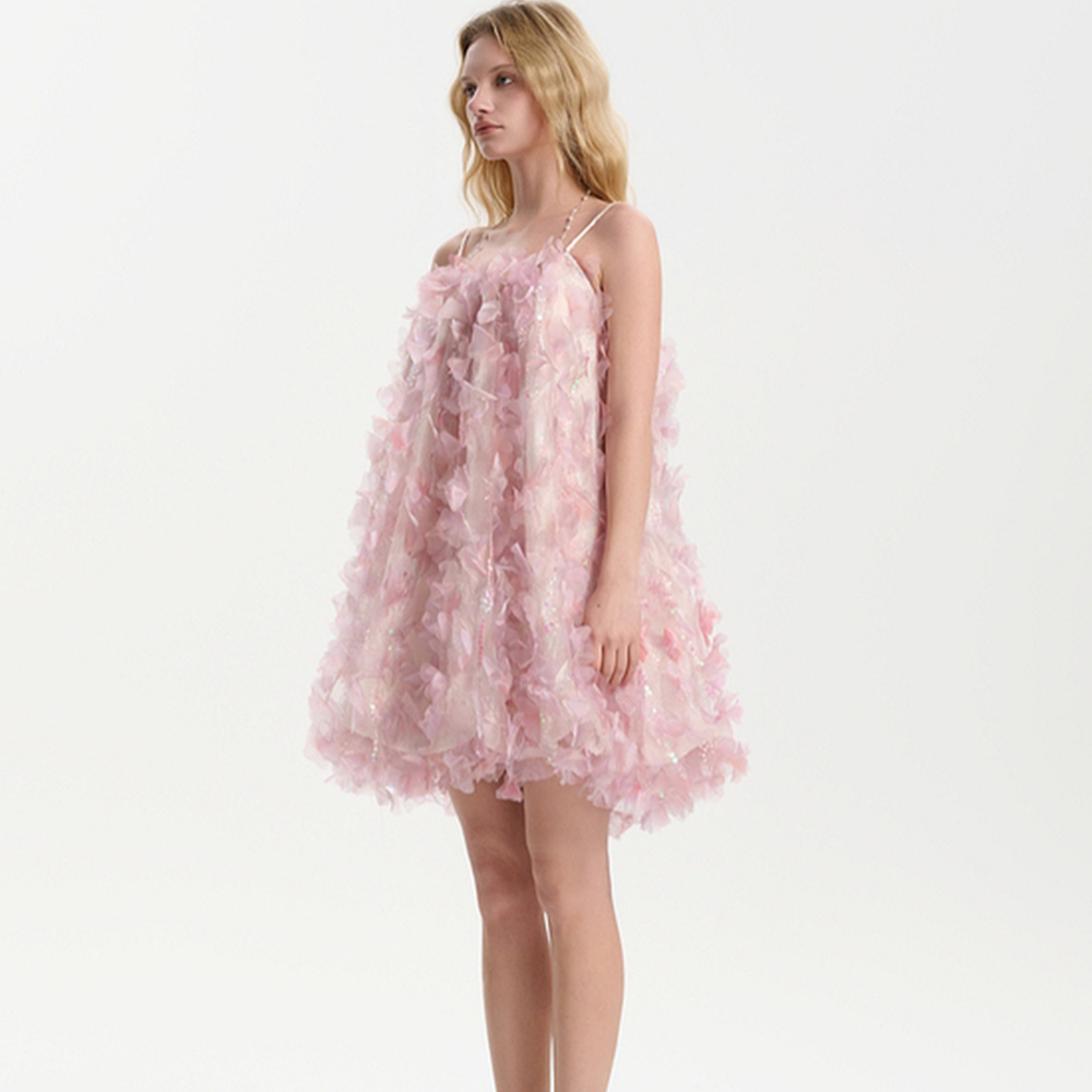 Three Quarters 3D Cut Flower Strap French Dress