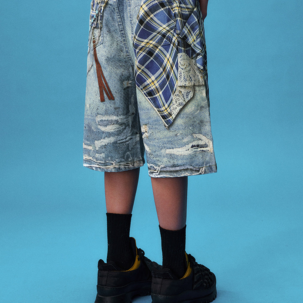 YADcrew Plaid Denim Shorts