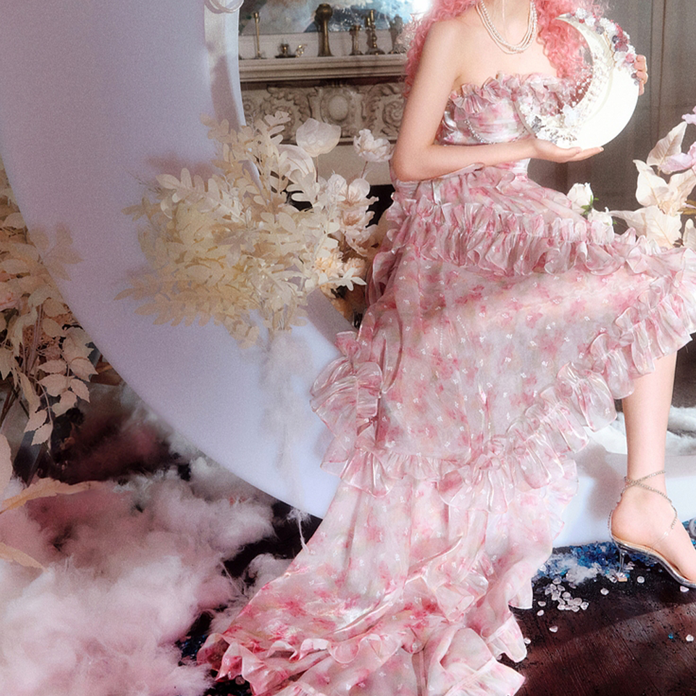 Three Quarters gilded rose tube top dress with train