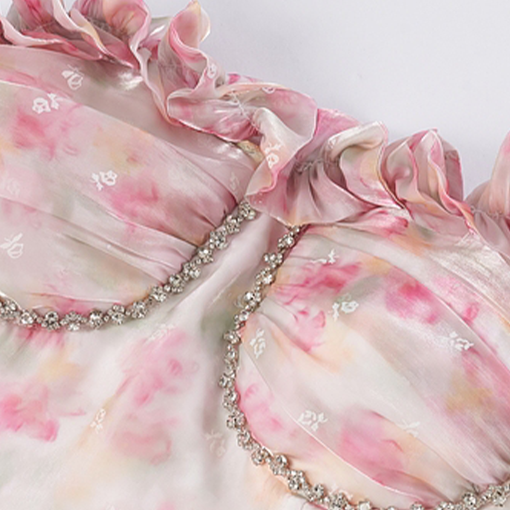 Three Quarters gilded rose tube top dress with train